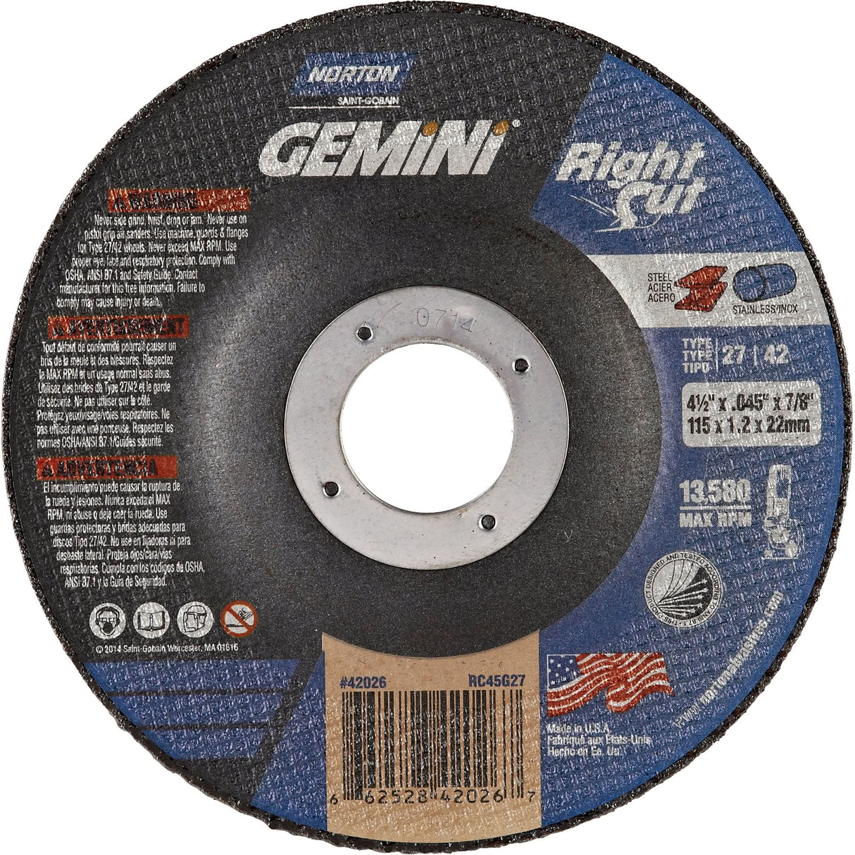 Right Angle Grinder Reinforced Cut-Off Wheels - RightCut™ , 4-1/2" x 0.045", 7/8" Arbor, Type 27, Aluminum Oxide, 13580 RPM