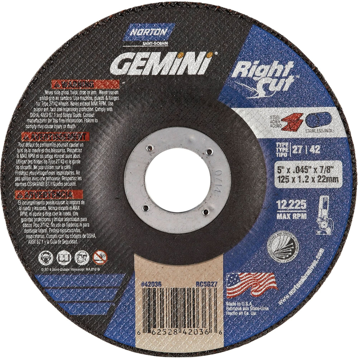 Right Angle Grinder Reinforced Cut-Off Wheels - RightCut™ , 5" x 0.045", 7/8" Arbor, Type 27, Aluminum Oxide, 12225 RPM