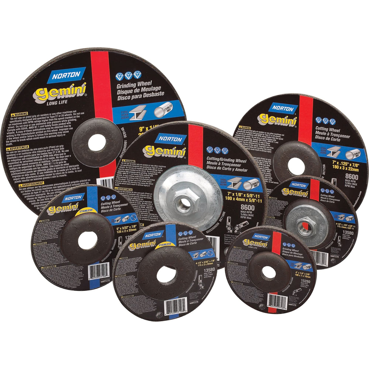 Depressed Center Grinding Wheels - Gemini®, 4-1/2" x 0.125"/1/8", 7/8" Arbor, Type 27, Aluminum Oxide, 13580 RPM