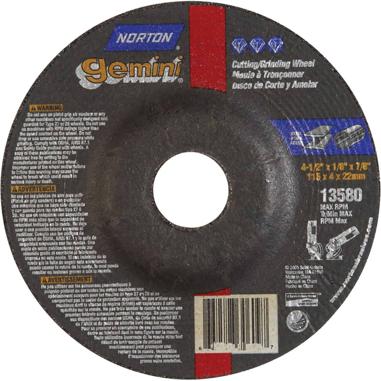 Depressed Centre Grinding Wheels - Gemini®, 4-1/2" x 1/8", 7/8" Arbor, Type 27, Aluminum Oxide, 13580 RPM
