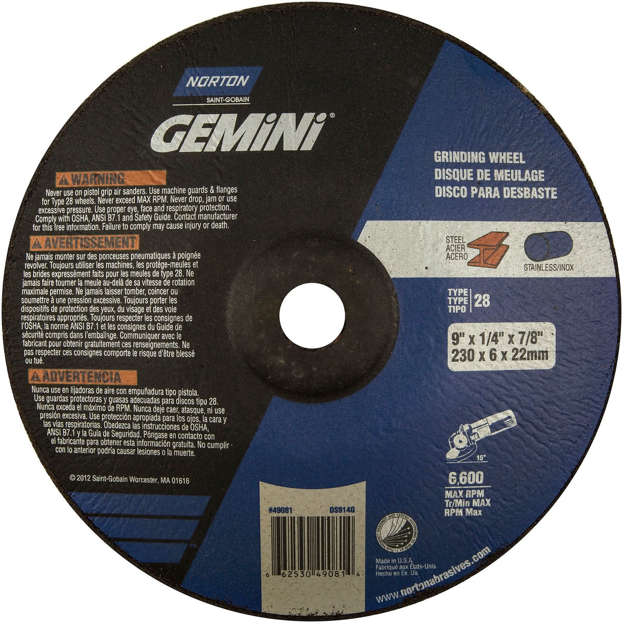 Gemini® Saucer Wheel, 9" x 1/4", 7/8" Arbor, Aluminum Oxide, Type 28