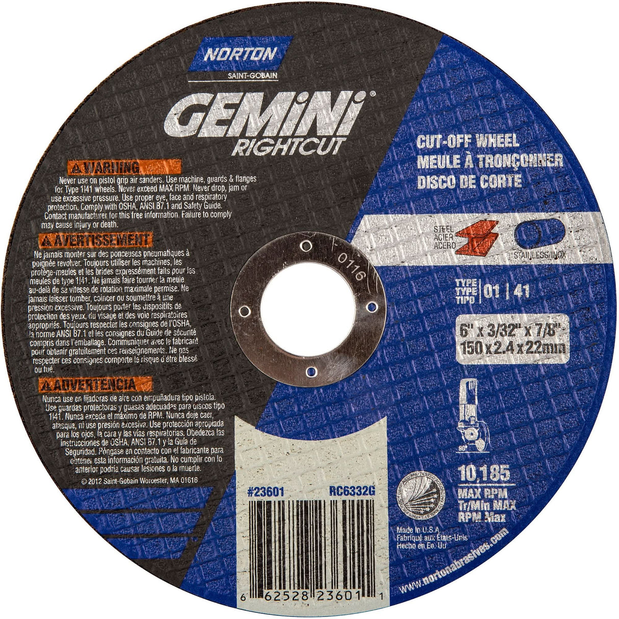 Cut-Off Wheels For Right Angle Grinder, 6" x 0.09"/3/32", 7/8" Arbor, Type 1, Aluminum Oxide, 10185 RPM