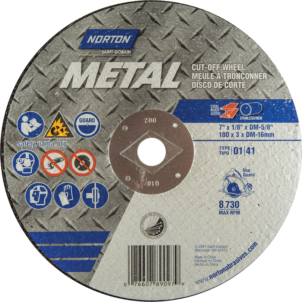 Circular Saw Reinforced Cut-Off Wheels - Masonry & Metal, 7" x 1/8", DM Arbor, Type 1, Aluminum Oxide, 8730 RPM
