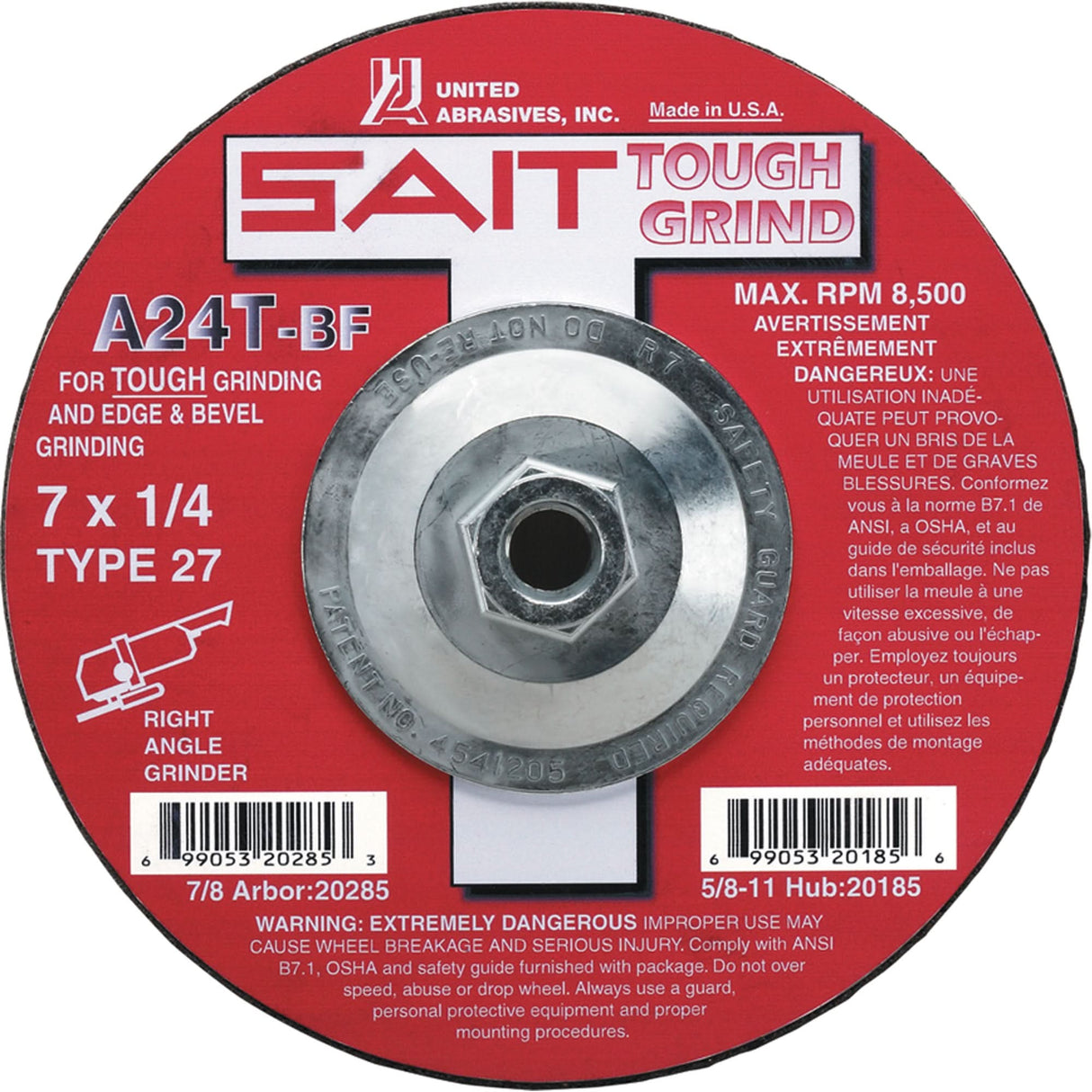 A24T Tough Grind Grinding Wheel, 9" x 1/4", 7/8" Arbor, Aluminum Oxide, Type 27
