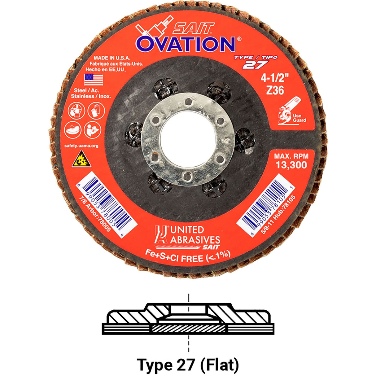 Ovation Flap Disc, 4-1/2" x 5/8"-11, Type 27, 80 Grit, Zirconium