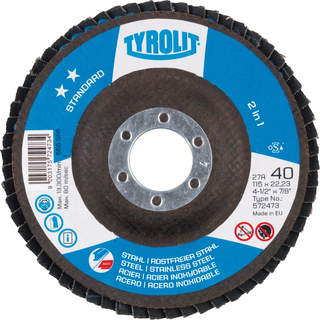 Standard 2 In 1 Flap Disc Wheel, 4-1/2" x 7/8", Type 29, 40 Grit, Zirconium