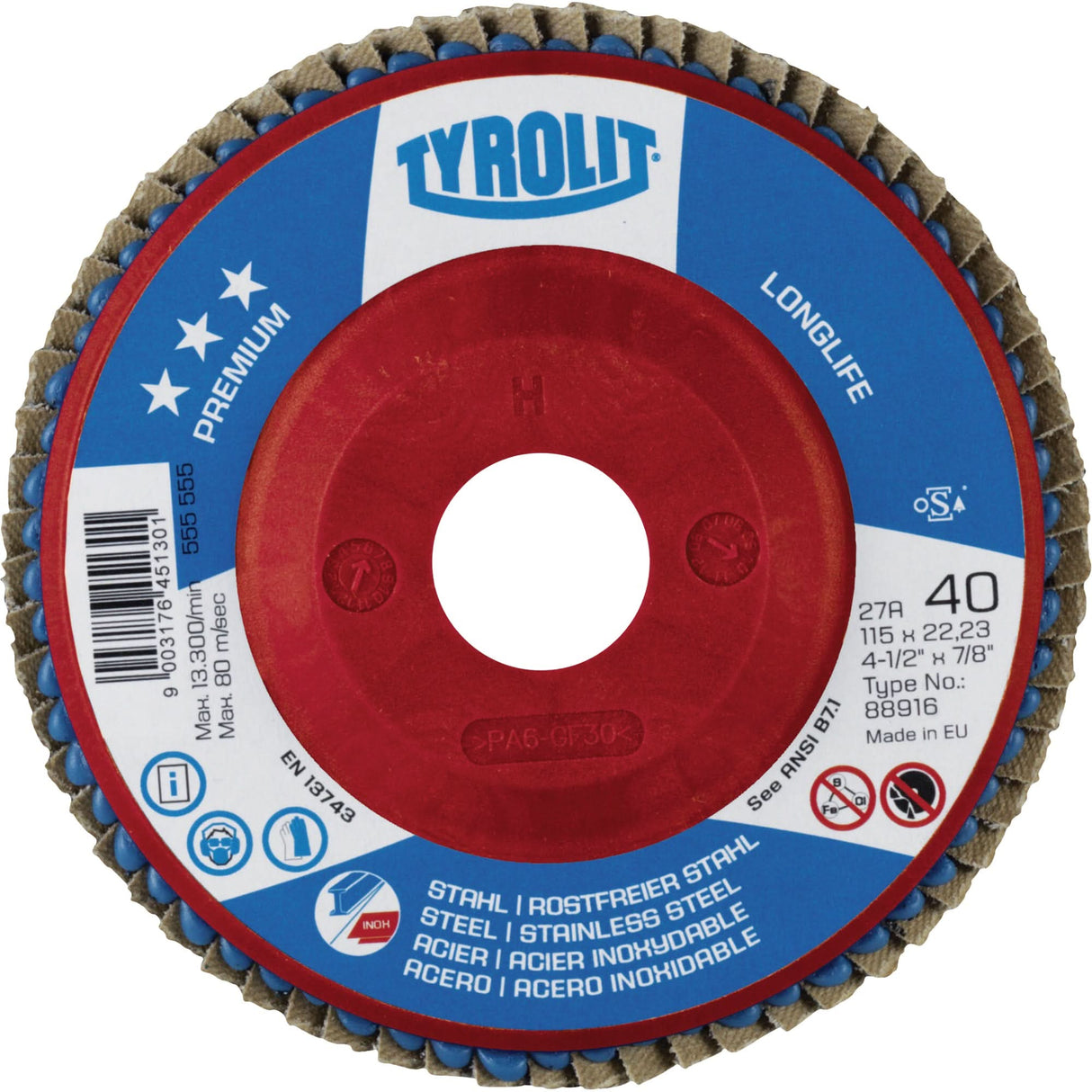 Long Life Flap Disc, 4-1/2" x 7/8", Type 27, 80 Grit, Zirconium