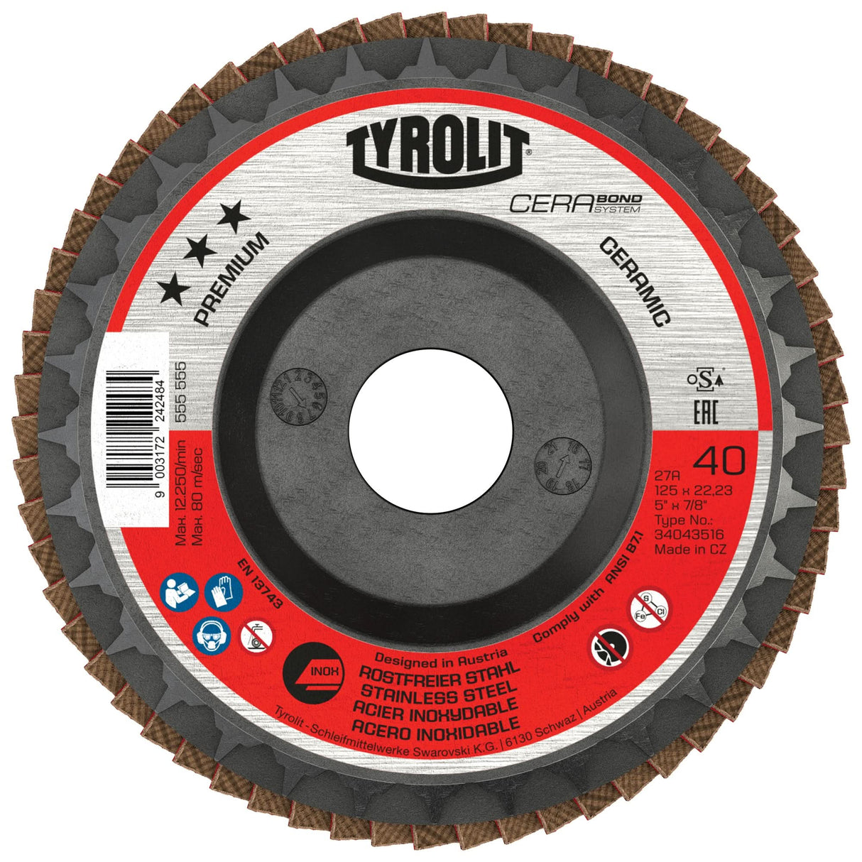 Cerabond Flap Disc, 5" x 7/8", Type 27, 40 Grit, Ceramic