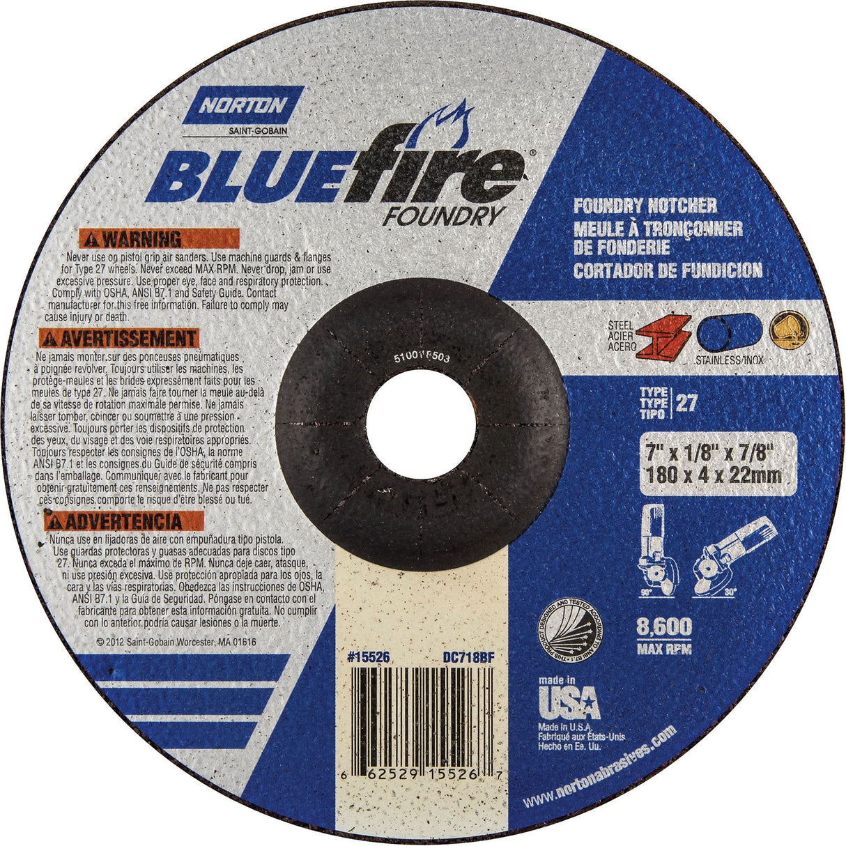 BlueFire® Foundry Grinding & Cutting Wheel, 7" x 1/8", 7/8" Arbor, Type 27, Silicon Carbide/Zirconia Alumina, 8600 RPM