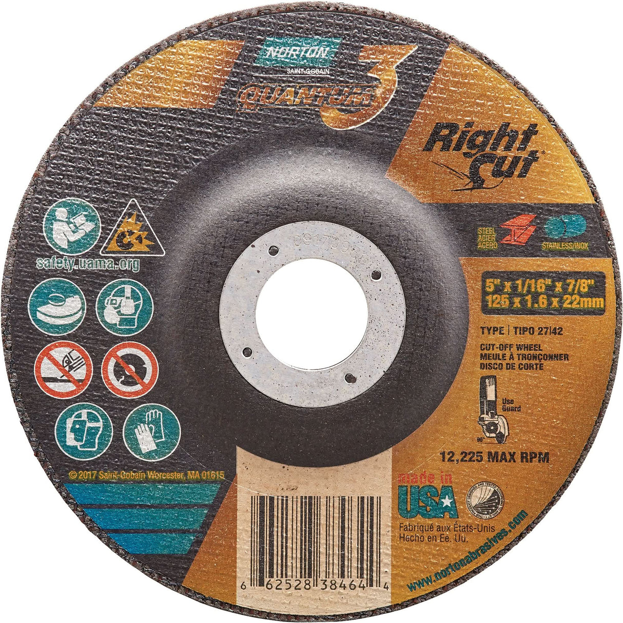 Quantum3™ RightCut™ Cut-Off Wheel, 5" x 1/16", 7/8" Arbor, Type 27/42, Ceramic Alumina, 12225 RPM