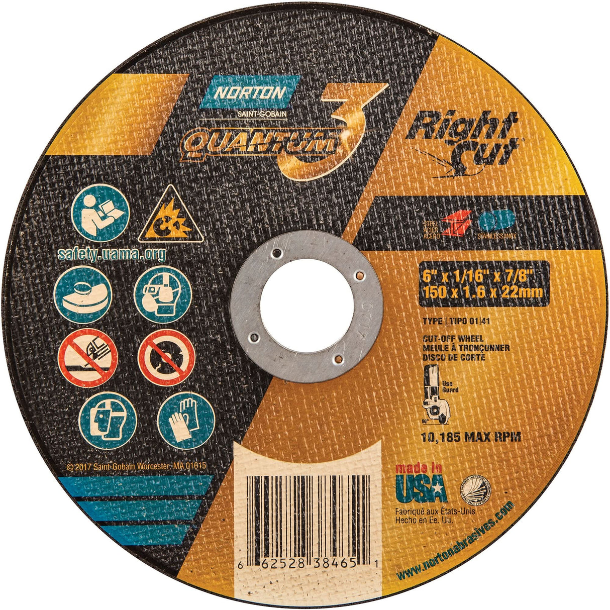 Quantum3™ RightCut™ Cut-Off Wheel, 6" x 1/16", 7/8" Arbor, Type 01/41, Aluminum Oxide, 10185 RPM