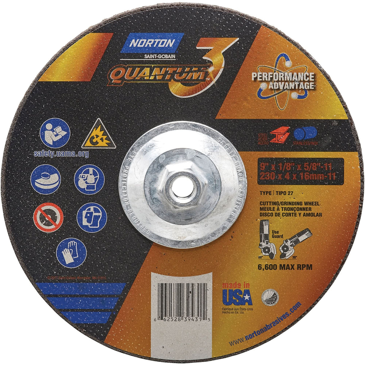 Quantum3™ Grinding & Cutting Wheel, 9" x 1/8", 5/8"-11 Arbor, Type 27, 24 Grit, Ceramic Alumina