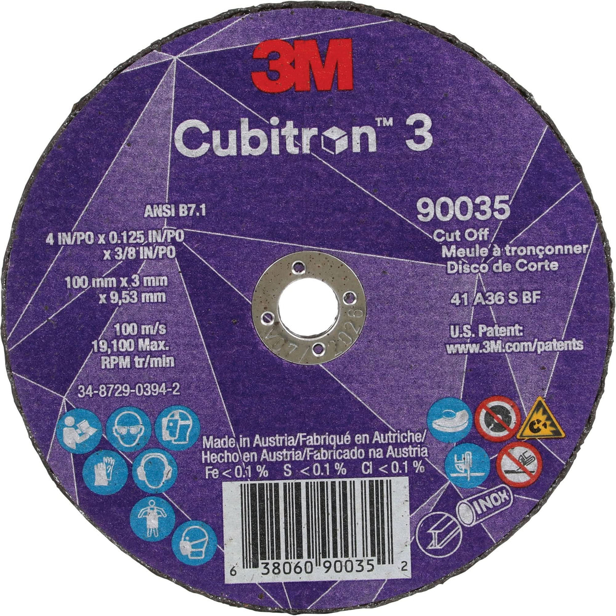 Cubitron™ 3 Cut-Off Wheel, 4" x 1/8", 3/8" Arbor, Type T1, Ceramic, 21000 RPM