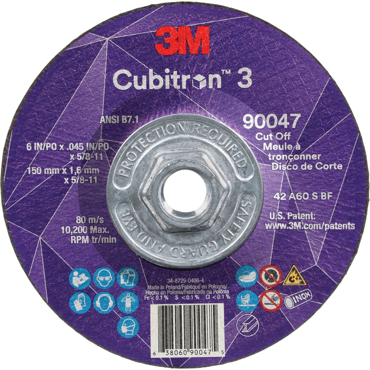 Cubitron™ 3 Cut-Off Wheel, 6" x 0.045", 5/8"-11 Arbor, Type T27, Ceramic, 10200 RPM
