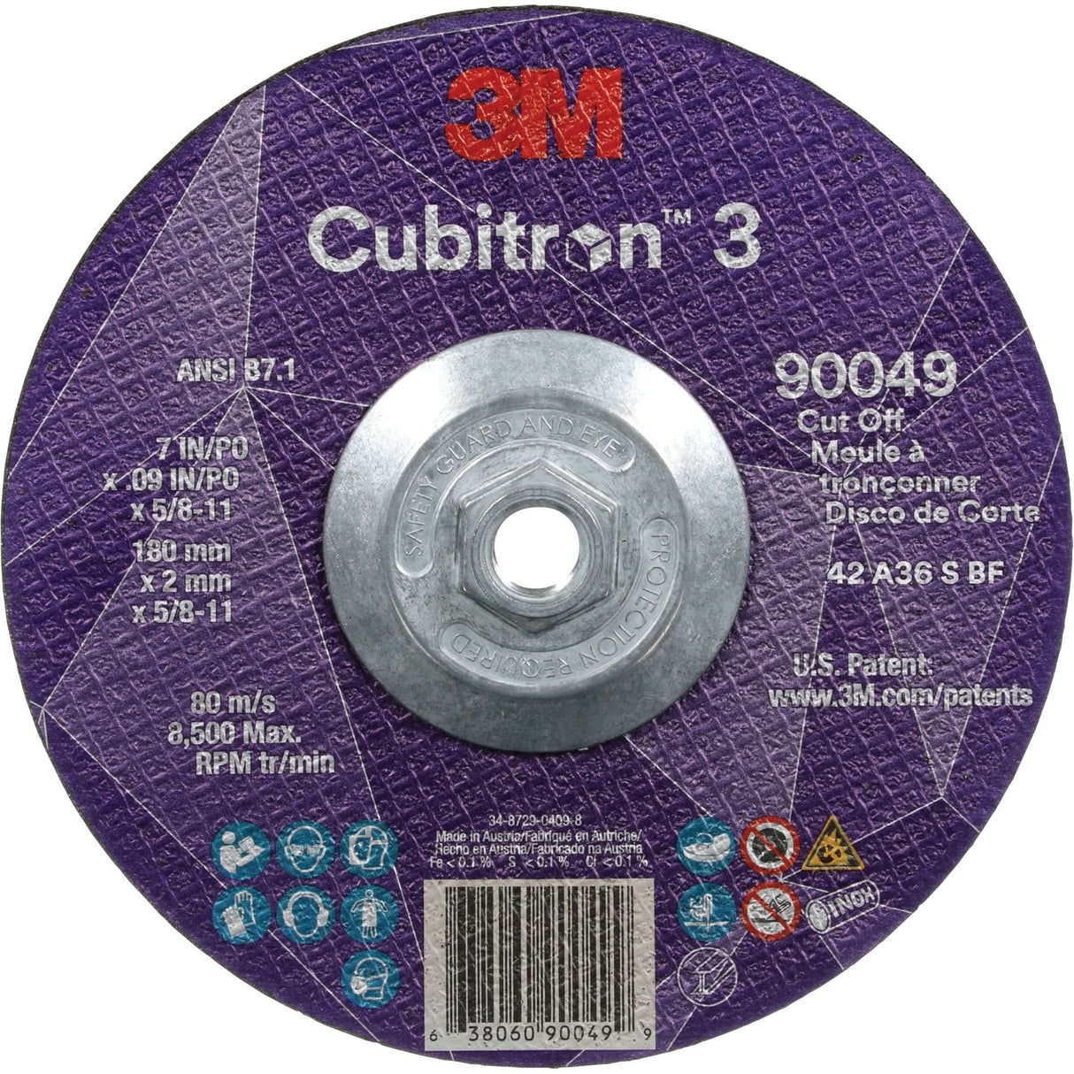 Cubitron™ 3 Cut-Off Wheel, 7" x 0.09", 5/8"-11 Arbor, Type T27, Ceramic, 8500 RPM