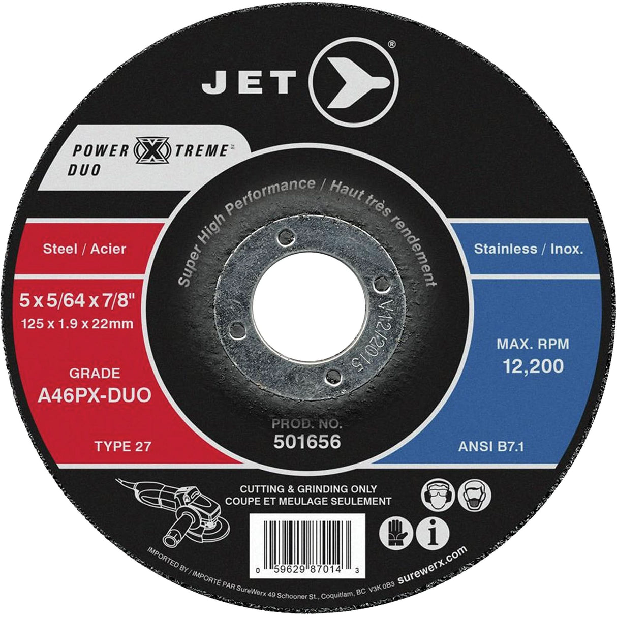 Power-Xtreme A46PX-DUO Cutting & Light Grinding Wheel, 5" x 5/64", 7/8" Arbor, Type 27, 12200 RPM