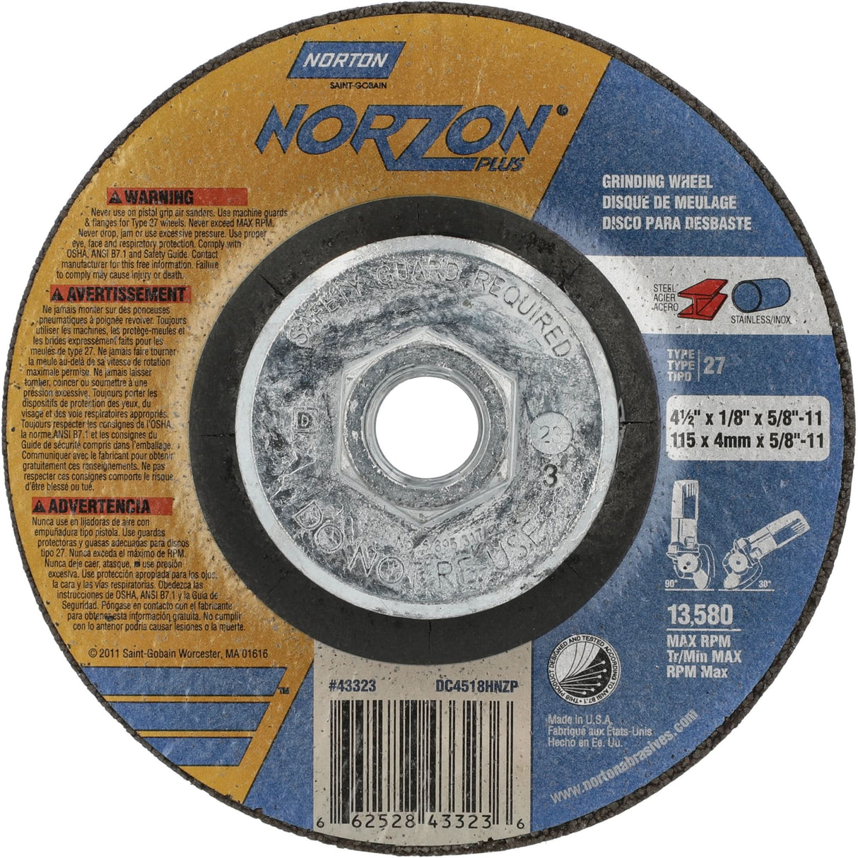 NorZon Plus SGZ CA Grinding & Cutting Wheel, 4-1/2" x 1/8", 5/8"-11 Arbor, Type 27, Ceramic Alumina