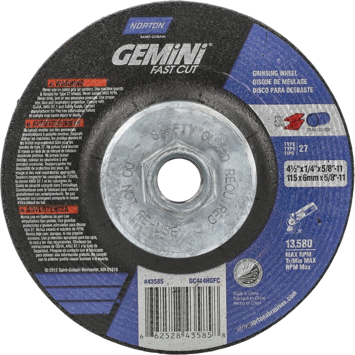 Gemini Grinding Wheel, 4-1/2" x 1/4", 5/8"-11 Arbor, Aluminum Oxide, Type 27