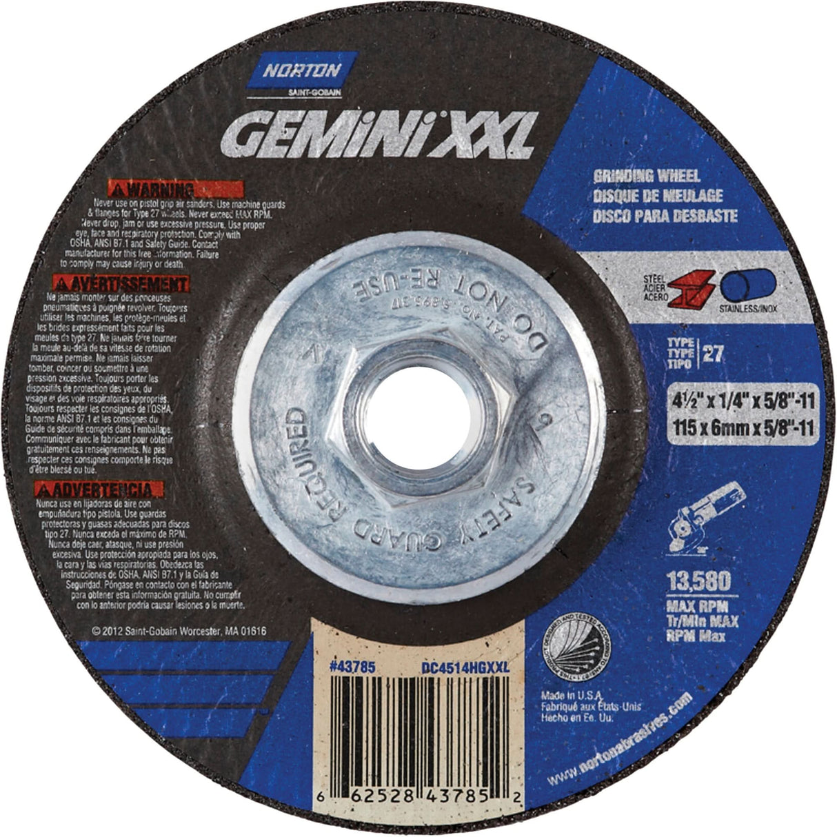 Gemini XXL Grinding Wheel, 4-1/2" x 1/4", 5/8"-11 Arbor, Aluminum Oxide, Type 27
