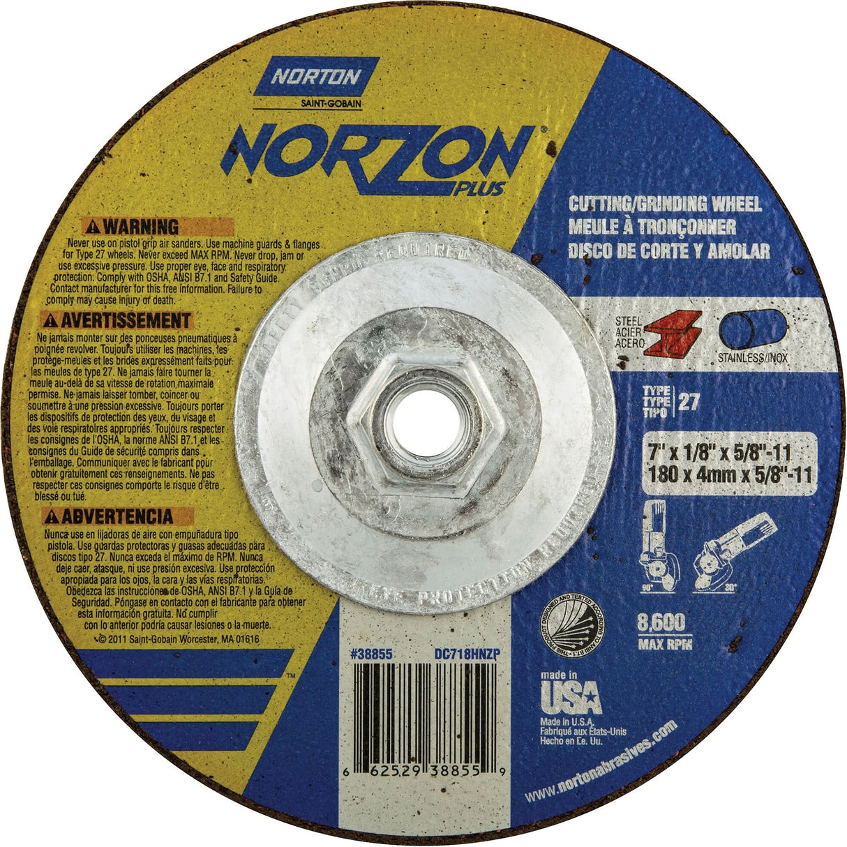 NorZon Plus SGZ Grinding & Cutting Wheel, 7" x 1/8", 5/8"-11 Arbor, Type 27, Ceramic Alumina