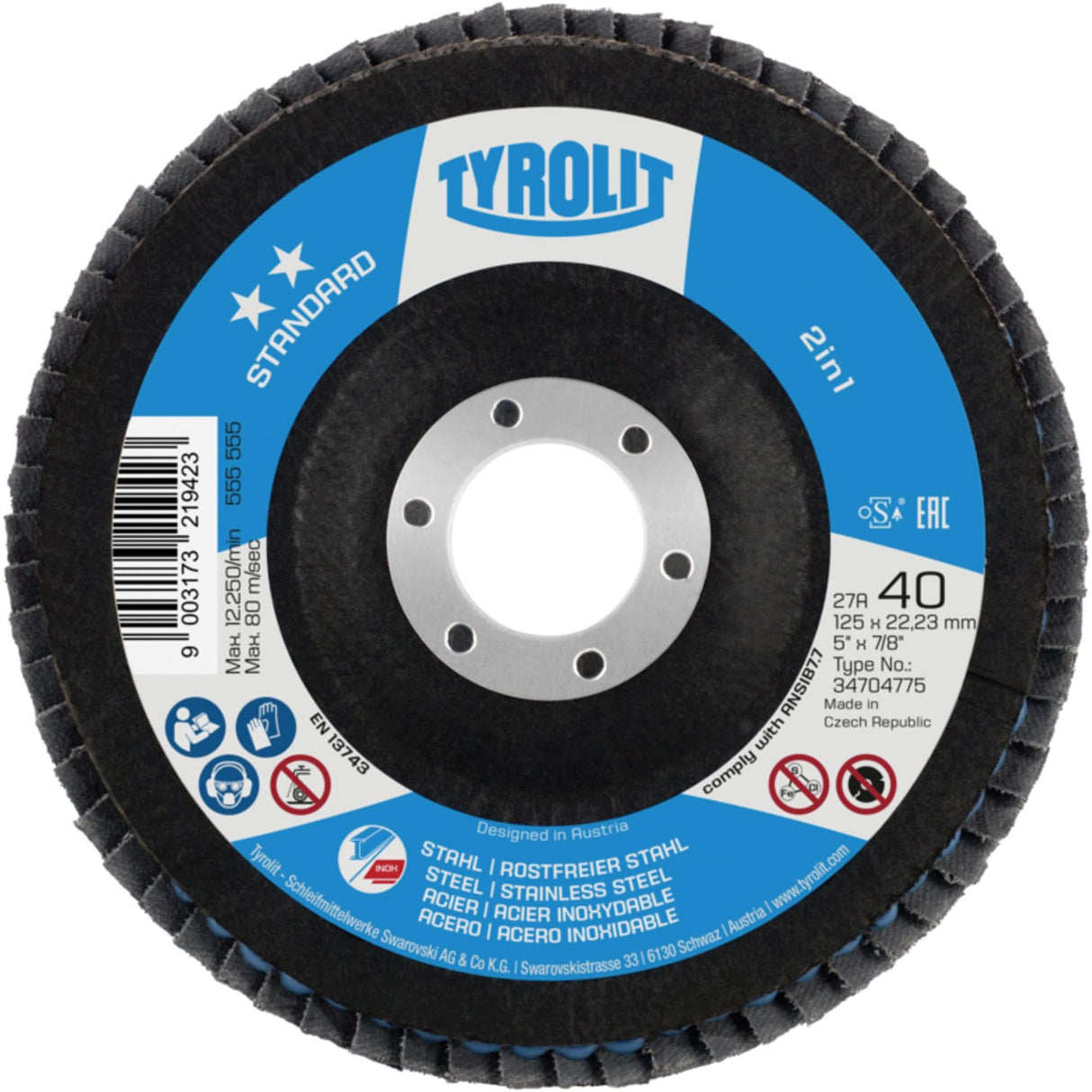 2-in-1 Flap Disc, 4-1/2" x 22.5 mm, Type 27A, 60 Grit, Ceramic Alumina