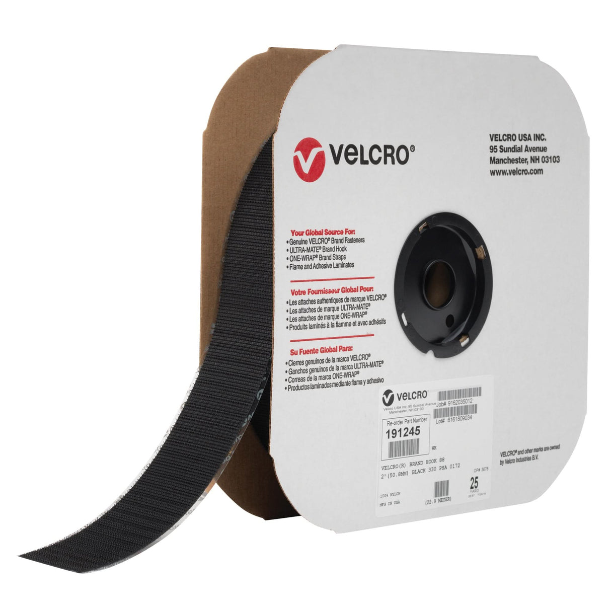 Fastener Tape, Hook, 25 yds x 2", Adhesive, Black