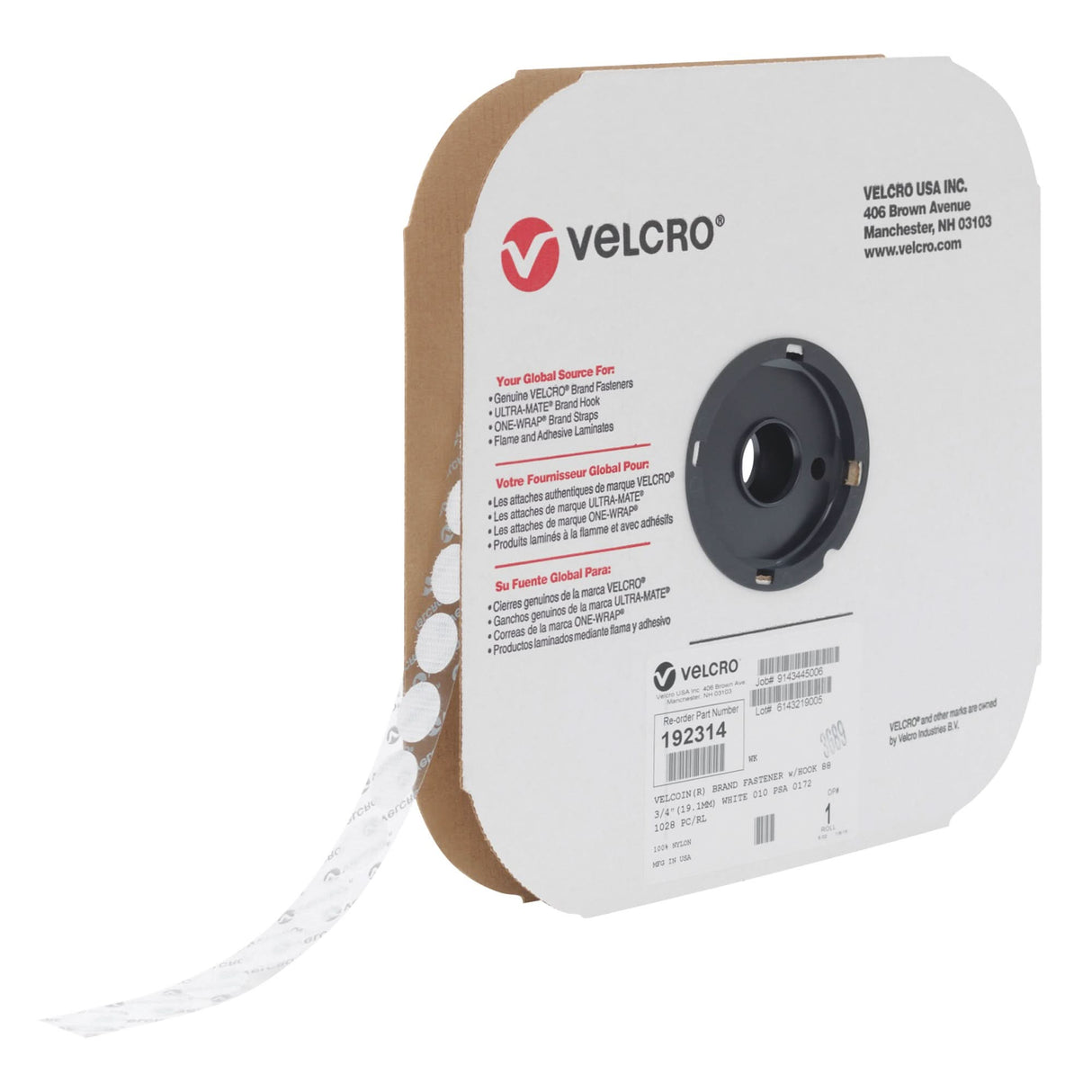 Velcoin® Fastener, Hook, 3/4" Dia., Adhesive, White