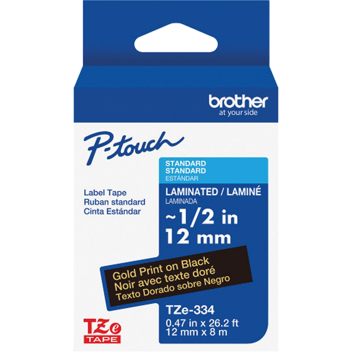 TZe-334 Laminated Tape for TZe-Compatible P-Touch Label Makers, Gold on Black, 0.47" Width