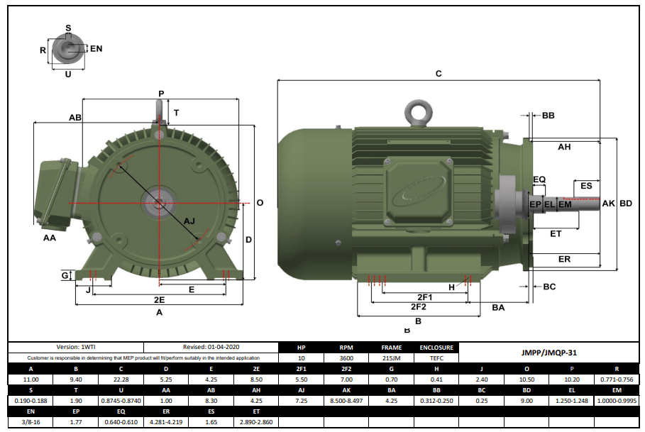Max Motion JMQP-31 | Pump - JM Motor 10HP, 3600RPM, 208-230/460V, Frame 215JM, TEFC