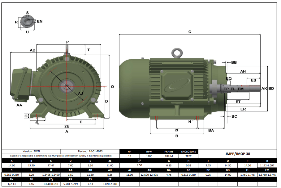 Max Motion JMQP-38 | Pump - JM Motor 15HP, 1200RPM, 208-230/460V, Frame 284JM, TEFC