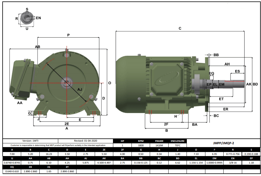 Max Motion JMQP-2 | Pump - JM Motor 1HP, 1800RPM, 208-230/460V, Frame 143JM, TEFC