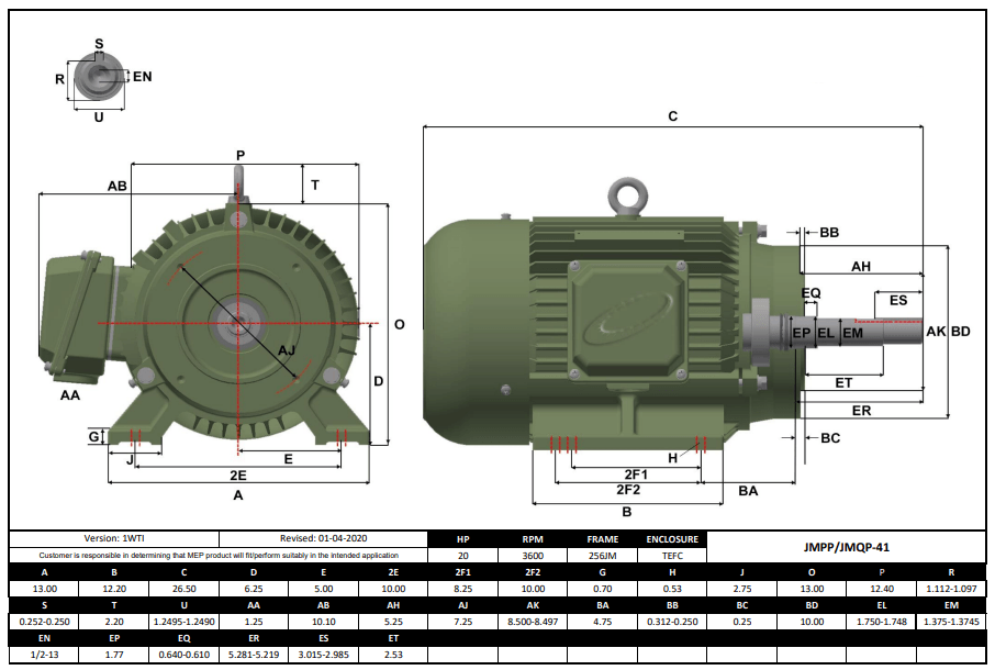 Max Motion JMQP-41 | Pump - JM Motor 20HP, 3600RPM, 208-230/460V, Frame 256JM, TEFC