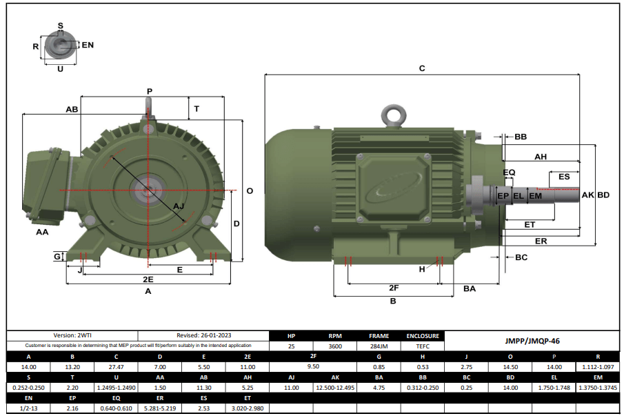Max Motion JMQP-46 | Pump - JM Motor 25HP, 3600RPM, 208-230/460V, Frame 284JM, TEFC