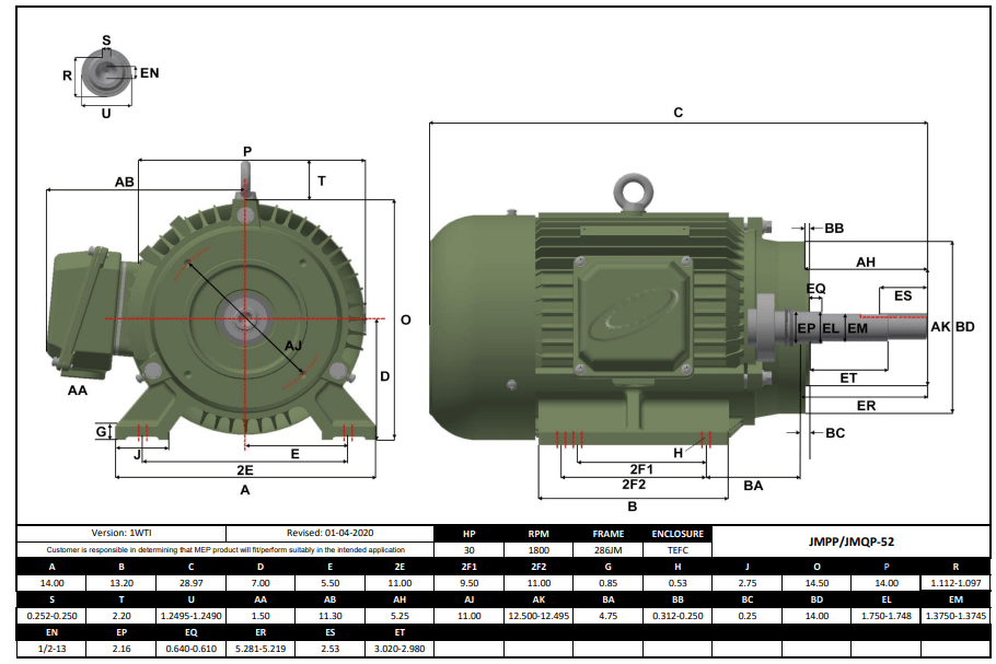 Max Motion JMQP-52 | Pump - JM Motor 30HP, 1800RPM, 208-230/460V, Frame 286JM, TEFC