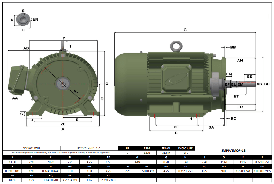 Max Motion JMQP-18 | Pump - JM Motor 3HP, 1200RPM, 208-230/460V, Frame 213JM, TEFC