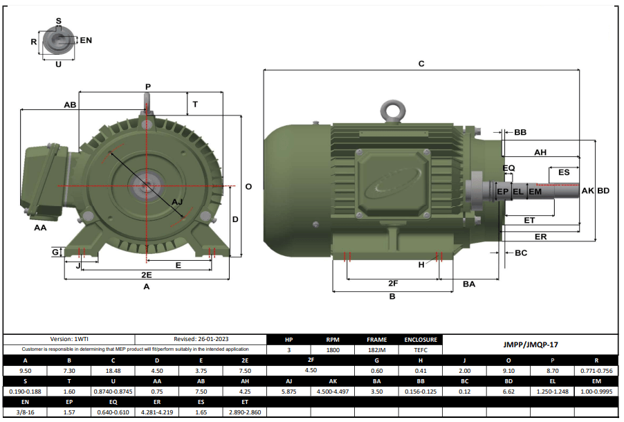 Max Motion JMQP-17 | Pump - JM Motor 3HP, 1800RPM, 208-230/460V, Frame 182JM, TEFC