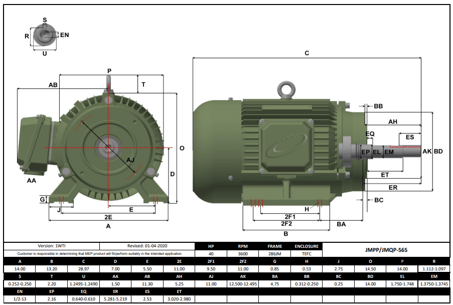 Max Motion JMQP-56S | Pump - JM Motor 40HP, 3600RPM, 208-230/460V, Frame 286JM, TEFC