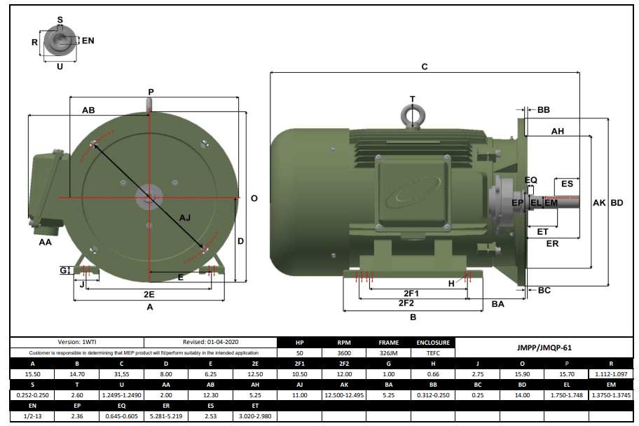 Max Motion JMQP-61 | Pump - JM Motor 50HP, 3600RPM, 208-230/460V, Frame 326JM, TEFC