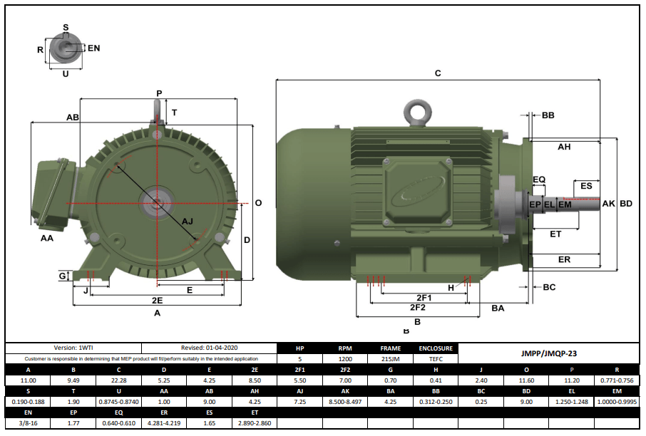 Max Motion JMQP-23 | Pump - JM Motor 5HP, 1200RPM, 208-230/460V, Frame 215JM, TEFC