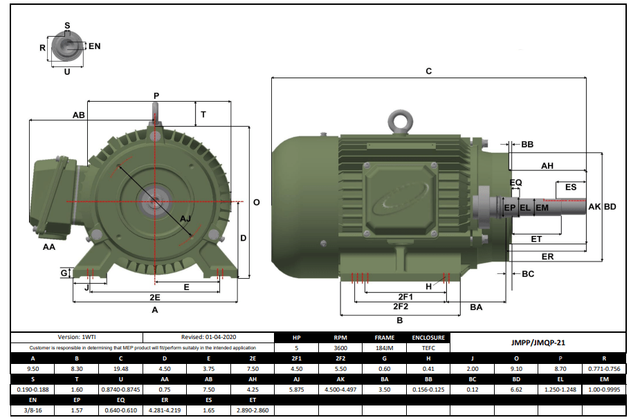 Max Motion JMQP-21 | Pump - JM Motor 5HP, 3600RPM, 208-230/460V, Frame 184JM, TEFC