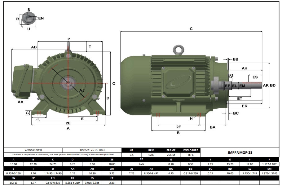 Max Motion JMQP-28 | Pump - JM Motor 7.5HP, 1200RPM, 208-230/460V, Frame 254JM, TEFC
