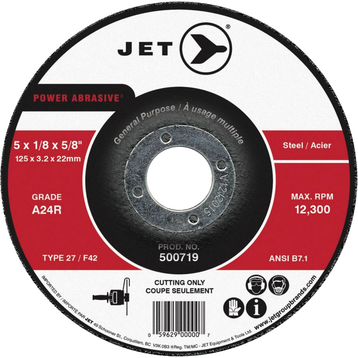 Power Abrasive Cut-Off Wheel, 7" x 1/8", 7/8" Arbor, Type 27, 8500 RPM