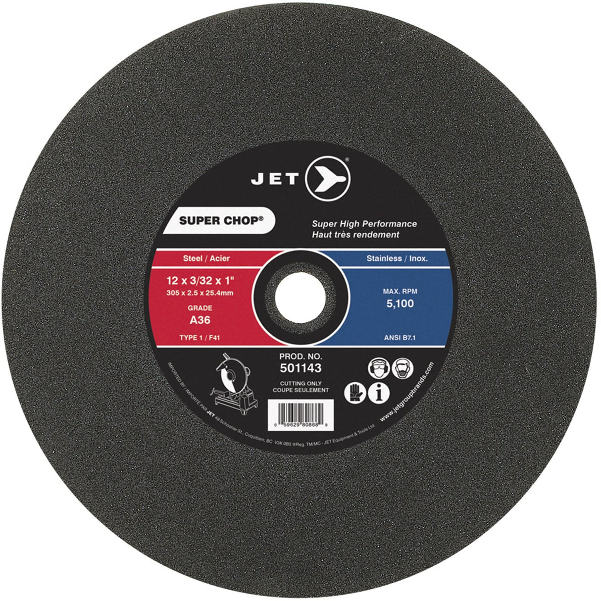 Super Chop Cut-Off Wheel, 12" x 3/32", 1" Arbor, Type 1, 5100 RPM
