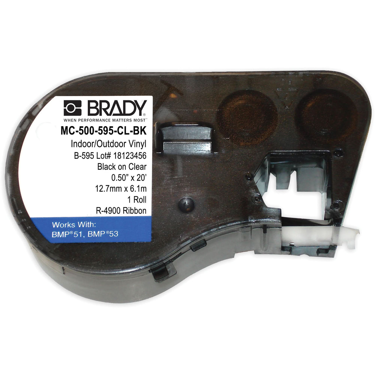 B595 IN/OUT VINYL LABL CART. 0.5"X25',BLK ON CLR