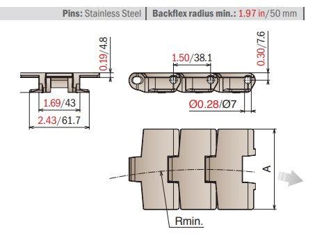 LF879 TAB K450 Table Top Chain | Conveyor Chain - 10ft Length