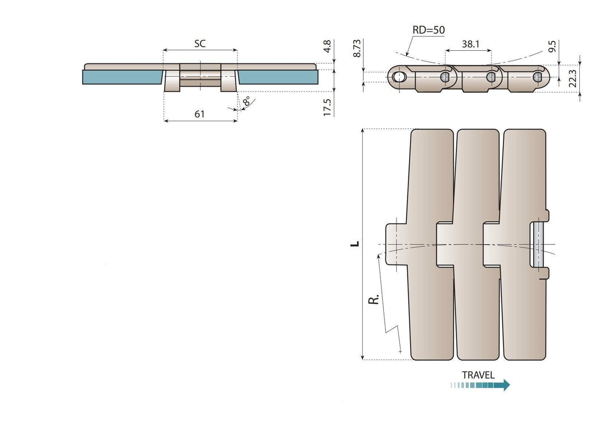 NG882 K1000 Table Top Chain | Conveyor Chain - 10ft Length