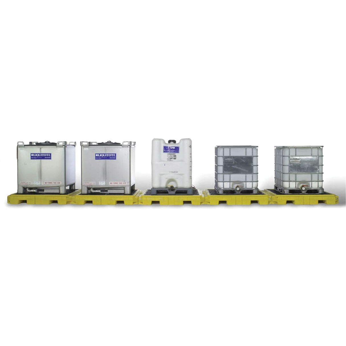 Indoor 5-Tank Ultra-Modular IBC Spill Pallet, 375 US gal. Spill Capacity, 310" x 11" x 62"