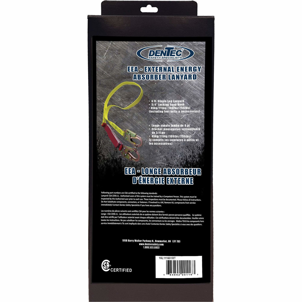 External Energy Absorber Lanyard with 3/4" Hook in Retail Box, 6', Snap Hook Center, Snap Hook Leg Ends, Polyester