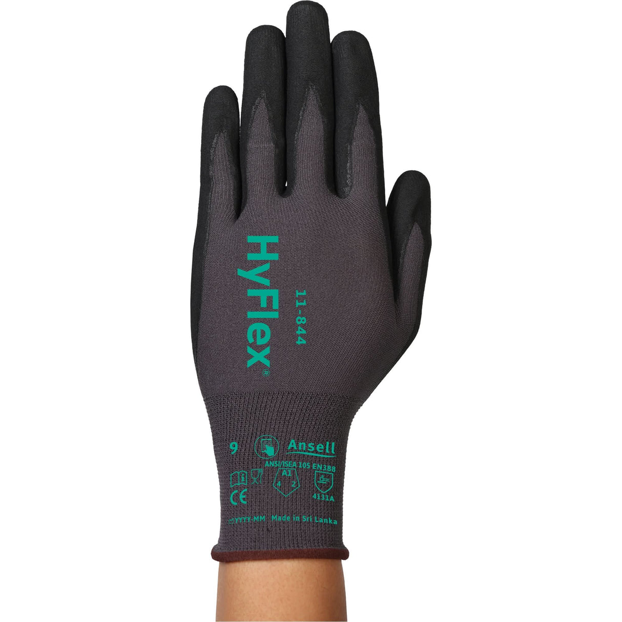 HyFlex® 11-844 Gloves, Size X-Large/10, 15 Gauge, Foam Nitrile Coated, Nylon/Spandex Shell, ASTM ANSI Level A1/EN 388 Level 1/EN 388 Level A