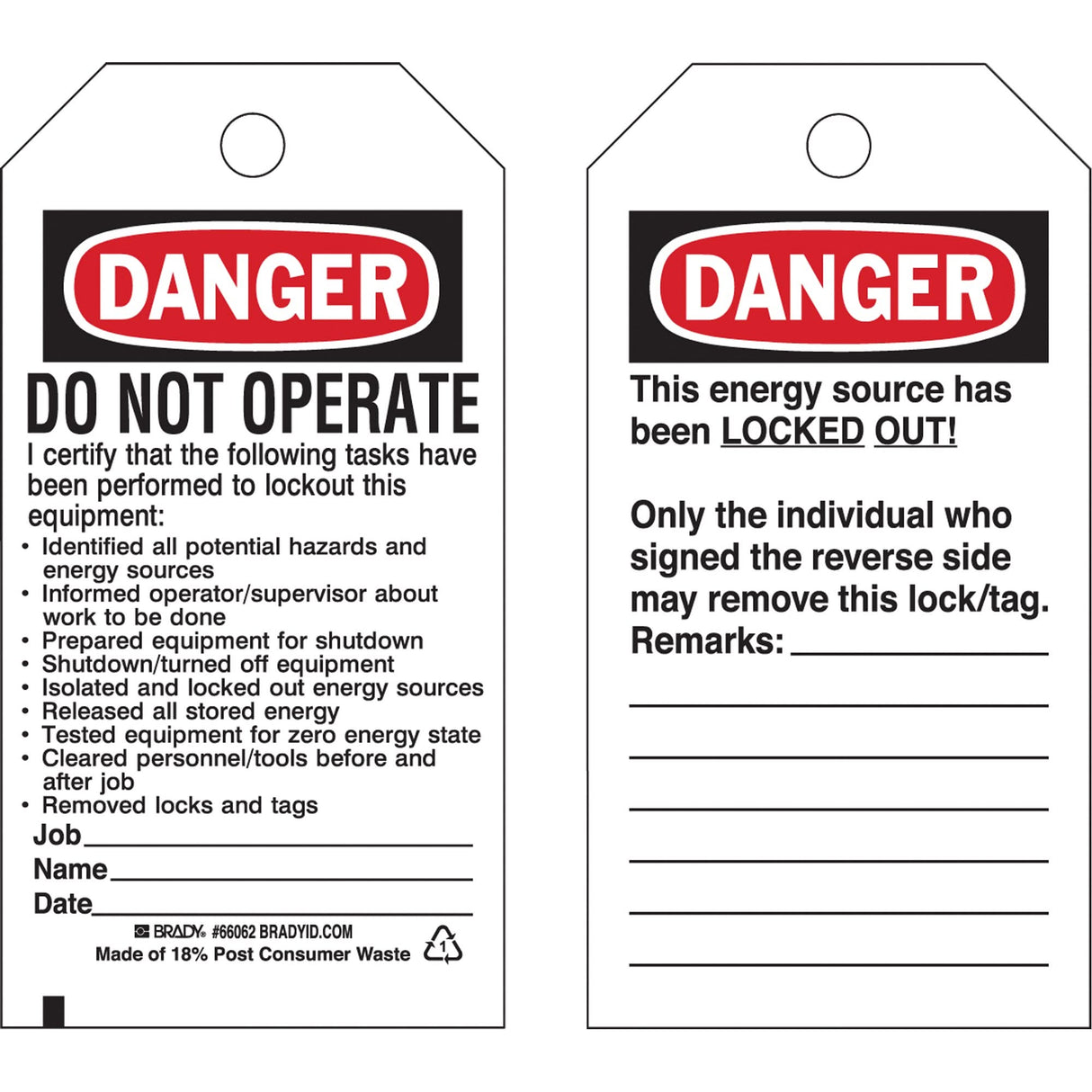 Lockout Tags, Plastic, 3" W x 5-1/2" H, English